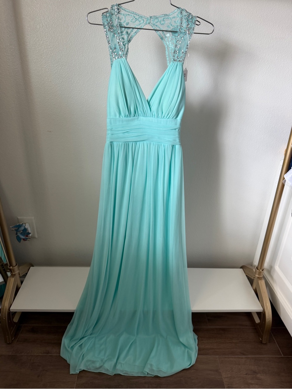 Windsor Aqua Beaded Lace-Back Maxi Dress